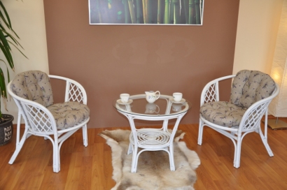 Ratanová sedací souprava Bahama bílá 2+1, polstry levandule