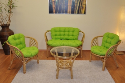 Ratanová sedací souprava Bahama medová velká polstry světle zelený melír 