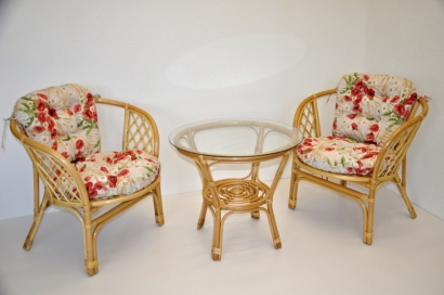 Ratanová sedací souprava Bahama malá medová polstry motiv vlčí máky