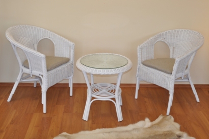 Ratanová sedací souprava Fabion bílá  polstry tmavě béžový melír