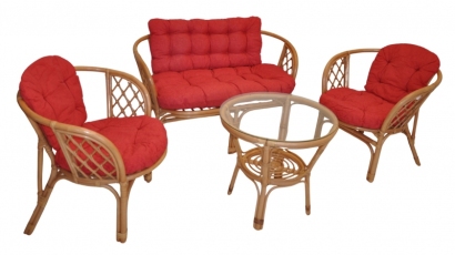Ratanová sedací souprava Bahama tmavý med velká polstry červený melír