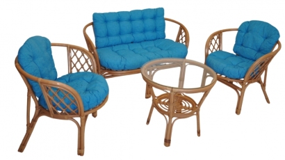 Ratanová sedací souprava Bahama tmavý med velká polstry tyrkysový melír