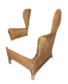 Ratanové křeslo ušák hnědé polstr bílý FL